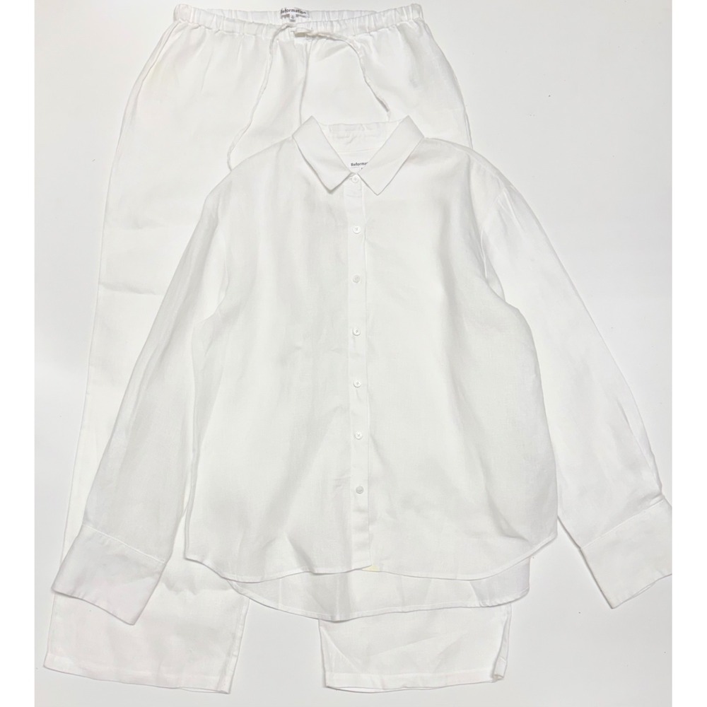 Reformation White 100% Linen 2 Piece Set XL Shirt and Large Wide Leg Pants Women